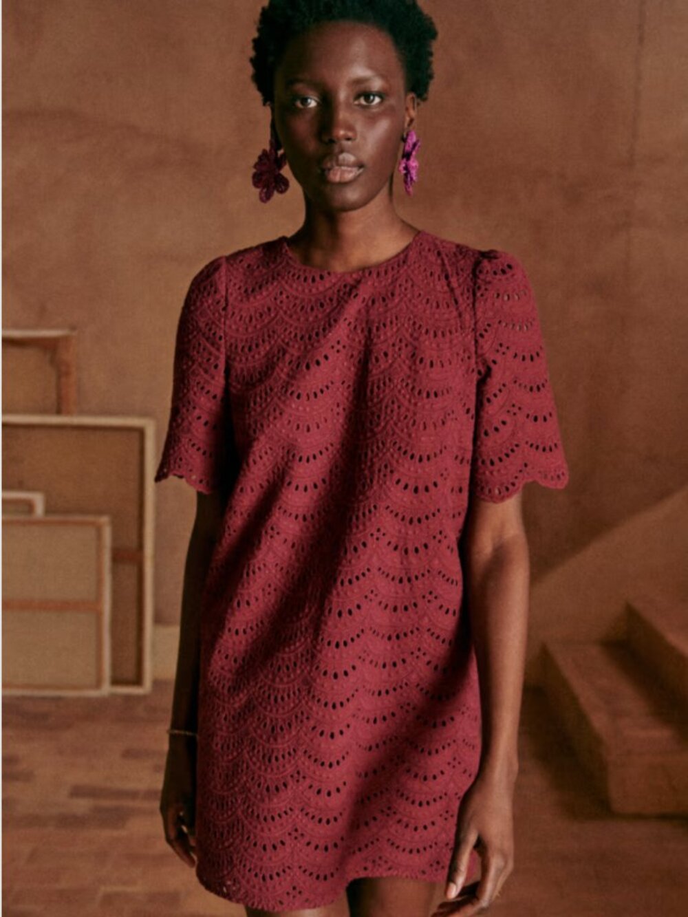 Sezane Tierra Burgundy Eyelet Lace Dress Sz 38/6